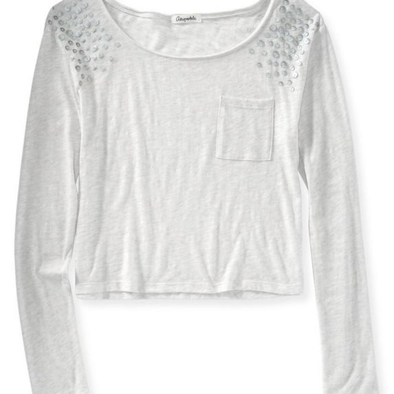 Aeropostale Womens Fabric Trinket Ls Embellished T-Shirt, White, Juniors, Large