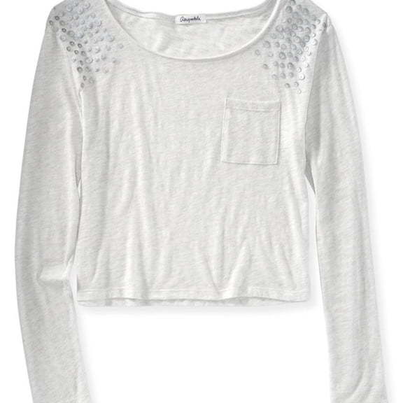 Aeropostale Womens Fabric Trinket Ls Embellished T-Shirt, White, Juniors, X-Small