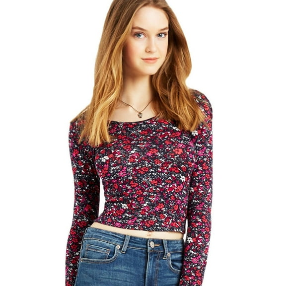 Aeropostale Womens Floral Bodycon Graphic T-Shirt, Blue, Juniors, Large