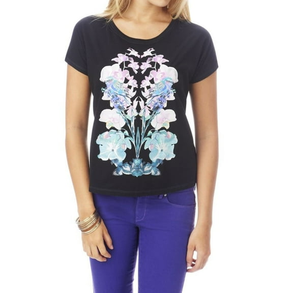 Aeropostale Womens Flowers Birds Graphic T-Shirt, Black, Juniors, Small