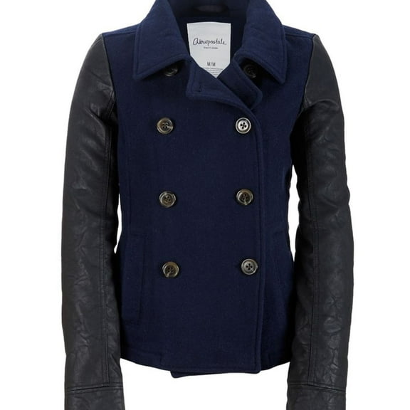 Aeropostale Womens Leather Sleeve Pea Coat, Blue, Juniors, Medium