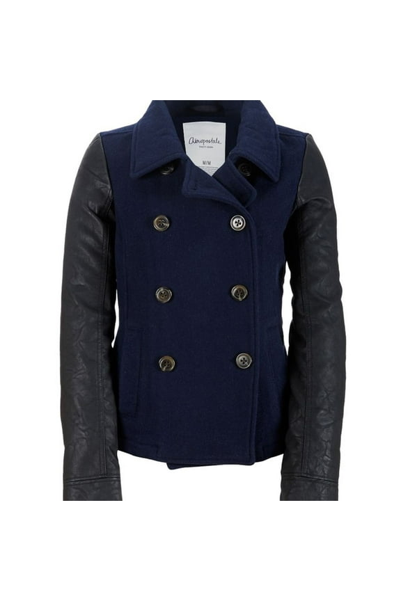 Aeropostale Womens Leather Sleeve Pea Coat, Blue, Juniors, Small