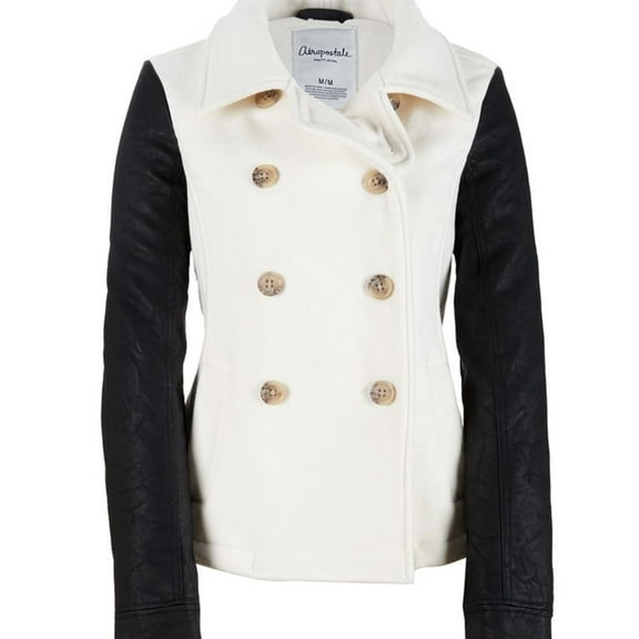Aeropostale Womens Leather Sleeve Pea Coat, White, Juniors, Small