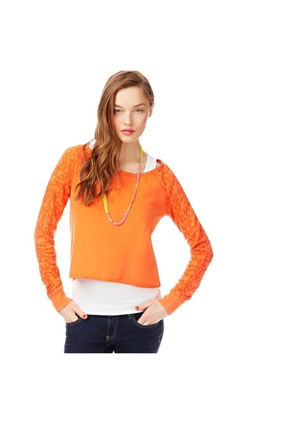 Aeropostale Womens Leopard Shoulders Basic T-Shirt, Orange, Juniors, X-Large