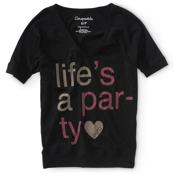 Aeropostale Womens Life's A Party Graphic T-Shirt, Black, Juniors, Medium