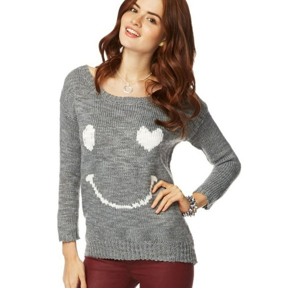 Aeropostale Womens Loose Heart Smile Knit Sweater, Grey, Juniors, Medium