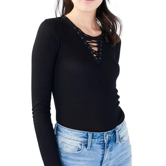 Aeropostale Womens Love This Lace Up Pullover Blouse, Black, Juniors, Small