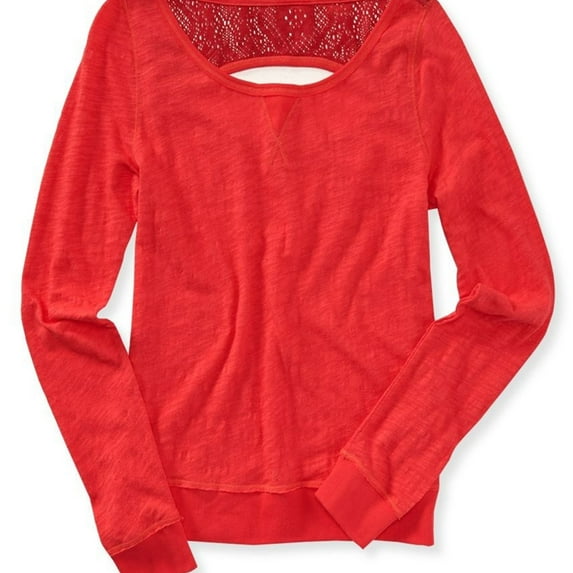 Aeropostale Womens Ls Crochet Back Basic T-Shirt, Orange, Juniors, Medium