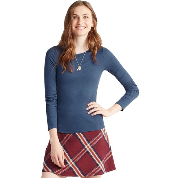 Aeropostale Womens Ribbed LS Basic T-Shirt, Blue, Juniors, X-Small