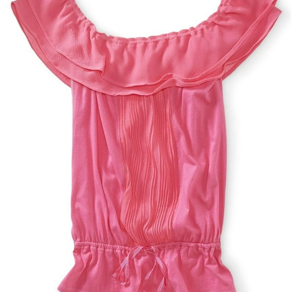Aeropostale Womens Ruffled Ribbed Placket Sheer Dolman Blouse, Pink, Juniors, Medium