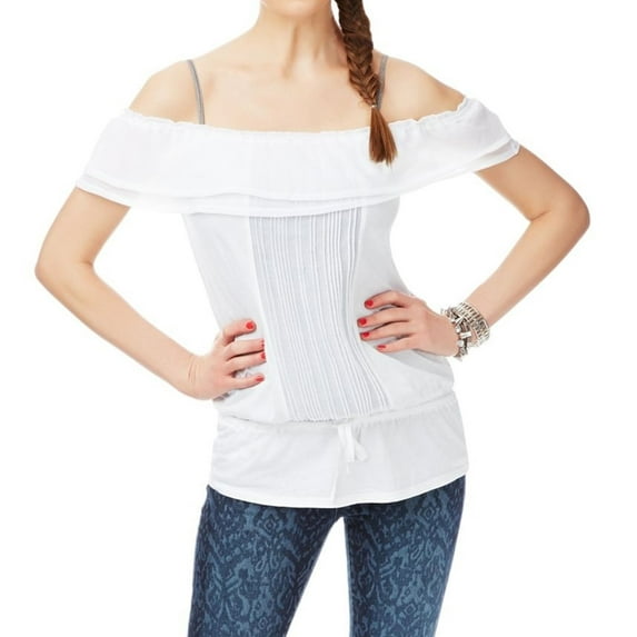 Aeropostale Womens Ruffled Ribbed Placket Sheer Dolman Blouse, White, Juniors, Small