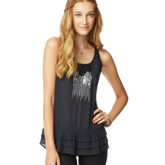 Aeropostale Womens Semi Sheer Sequin Front Tank Top, Blue, Juniors, Medium