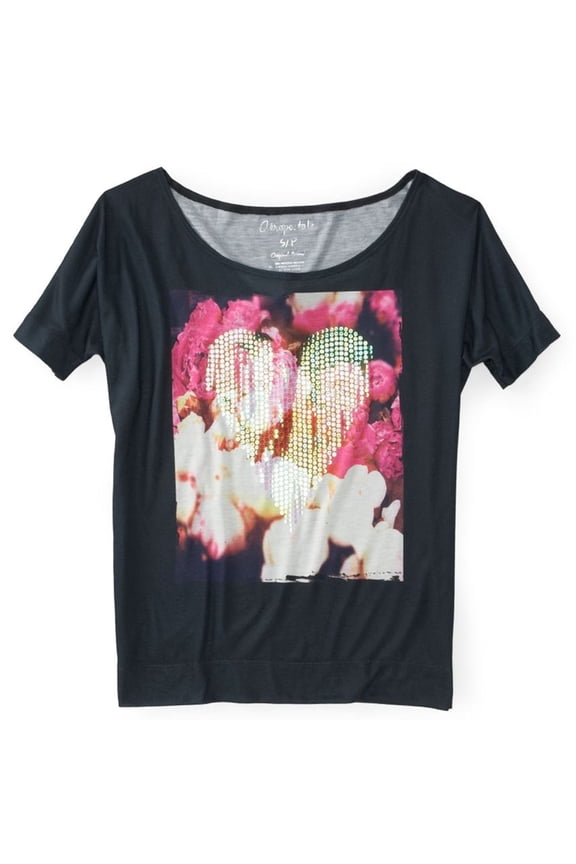 Aeropostale Womens Sequin Floral Fashion Graphic T-Shirt, Blue, Juniors, Small