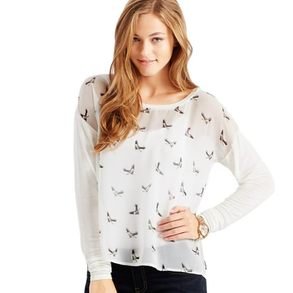 Aeropostale Womens Sheer Birds Graphic T-Shirt, Off-White, Juniors, Small