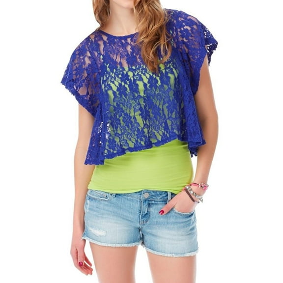 Aeropostale Womens Sheer Cropped Lace Basic T-Shirt, Blue, Juniors, Medium