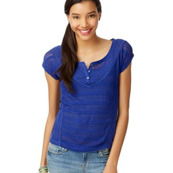 Aeropostale Womens Sheer Mixed Knit Henley Sweater, Blue, Juniors, X-Small