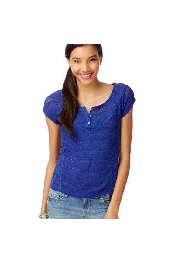 Aeropostale Womens Sheer Mixed Knit Henley Sweater, Blue, Juniors, X-Small