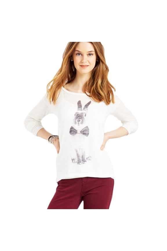 Aeropostale Womens Sheer Rabbit Graphic T-Shirt, Off-White, Juniors, Medium