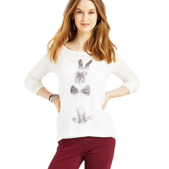Aeropostale Womens Sheer Rabbit Graphic T-Shirt, Off-White, Juniors, Medium
