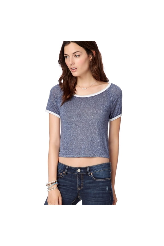 Aeropostale Womens Sheer Ringer Basic T-Shirt, Blue, Juniors, Large