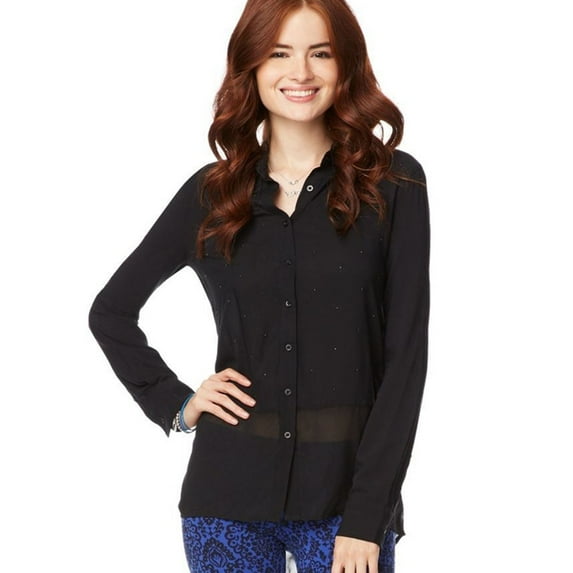 Aeropostale Womens Signature Shimmer Button Up Shirt, Black, Juniors, Medium