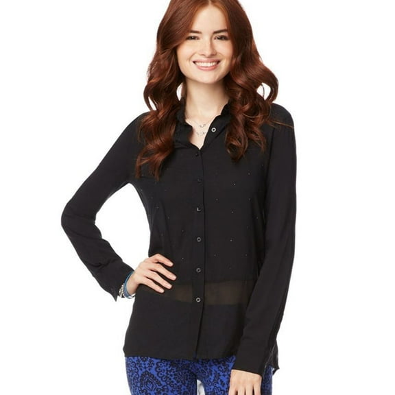 Aeropostale Womens Signature Shimmer Button Up Shirt, Black, Juniors, Medium