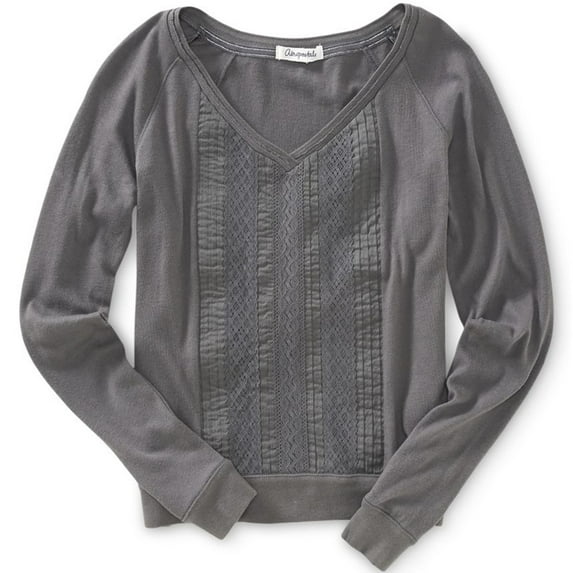 Aeropostale Womens Solid Ls Lattice Front Embellished T-Shirt, Grey, Juniors, Small