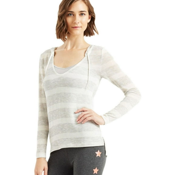 Aeropostale Womens Striped Hooded Sweater, Grey, Medium