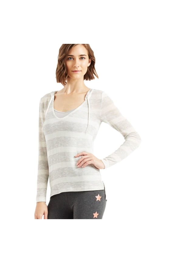 Aeropostale Womens Striped Hooded Sweater, Grey, Medium