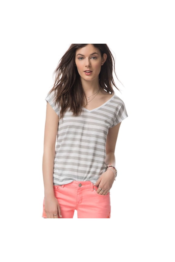 Aeropostale Womens Striped Lattice Back Graphic T-Shirt, Grey, Juniors, X-Large