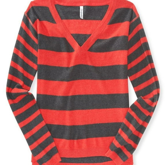 Aeropostale Womens Striped V Neck Knit Sweater, Red, Juniors, X-Large