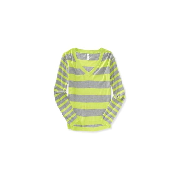 Aeropostale Womens Striped V Neck Knit Sweater, Yellow, Medium