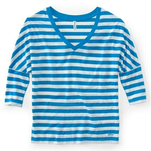 Aeropostale Womens V-neck Stripe 3/4 Sleeve Graphic T-Shirt, Blue, Juniors, Medium