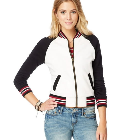 Aeropostale Womens Varsity Fleece Sweatshirt, White, Juniors, Large
