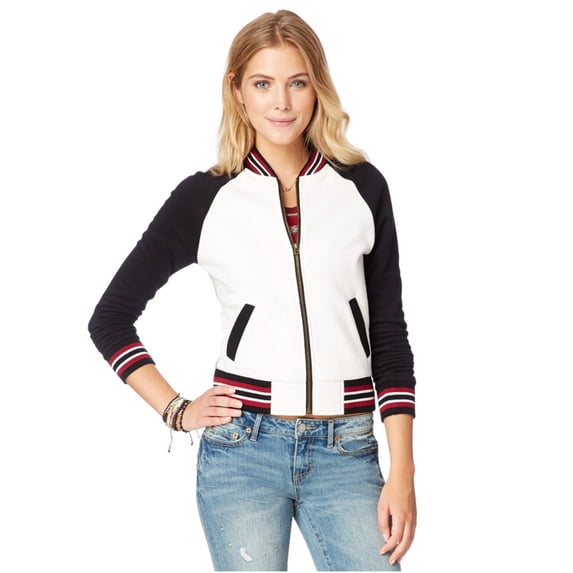 Aeropostale Womens Varsity Fleece Sweatshirt, White, Medium