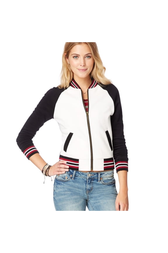 Aeropostale Womens Varsity Fleece Sweatshirt, White, Juniors, X-Large
