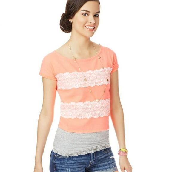 Aeropostale Womens Zip Lace Embellished T-Shirt, Pink, Juniors, X-Small