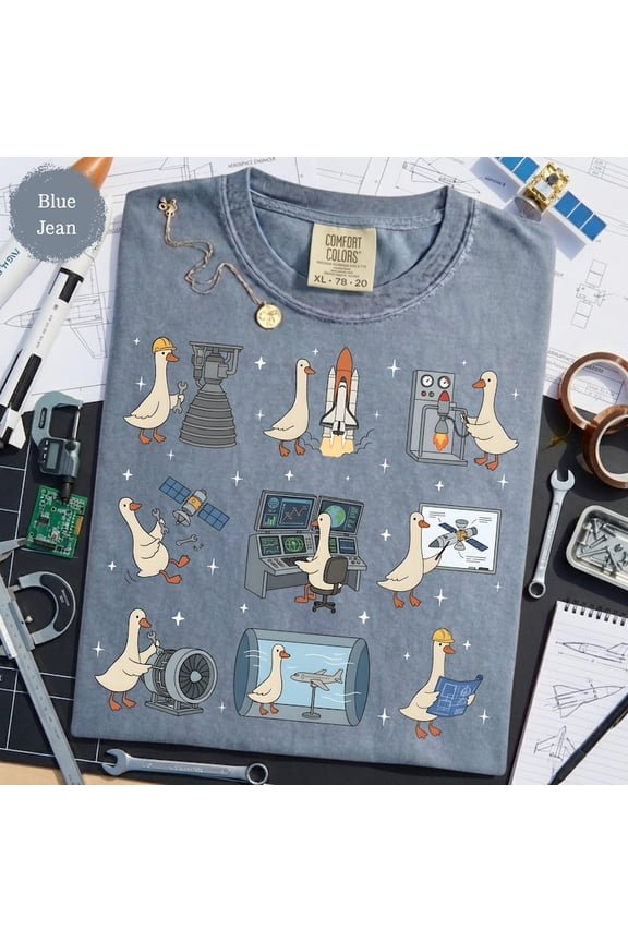 Aerospace Engineer Silly Goose Shirt - Funny Rocket Scientist Goose Tee with Space Shuttle, Satellite, Rocket & Airplane Design, NASA Lover Aeronautical Engineer Gift, Blue Jean