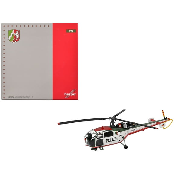 Aerospatiale Alouette III Helicopter "Polizeifliegerstaffel Nordrhein-Westfalen" White w/Red & Green 1/72 Diecast Model by Herpa