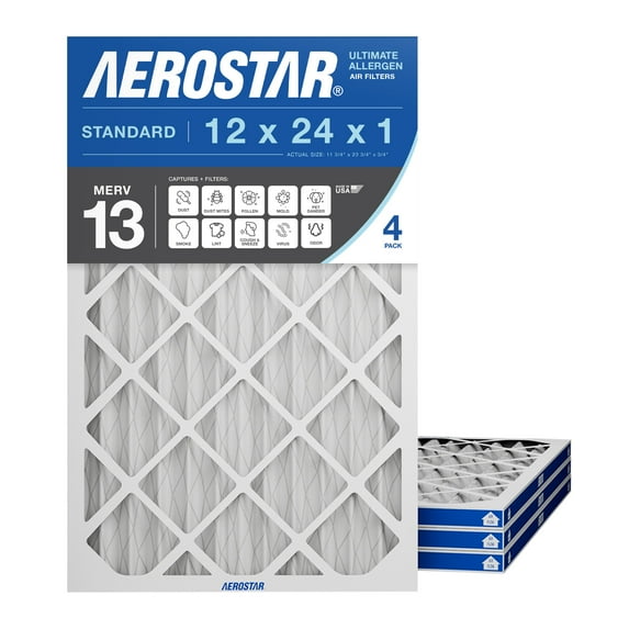 Aerostar 12x24x1 MERV 13 Pleated Air Filter, 4 Pack, Furnaces Filters, HVAC Filter, Air Conditioners Vent Filter Replacement for Home