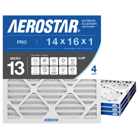 Aerostar 14x16x1 MERV 13 Air Filter, Pleated AC Furnace HVAC, Smoke Bacteria Allergy, 4 Pack