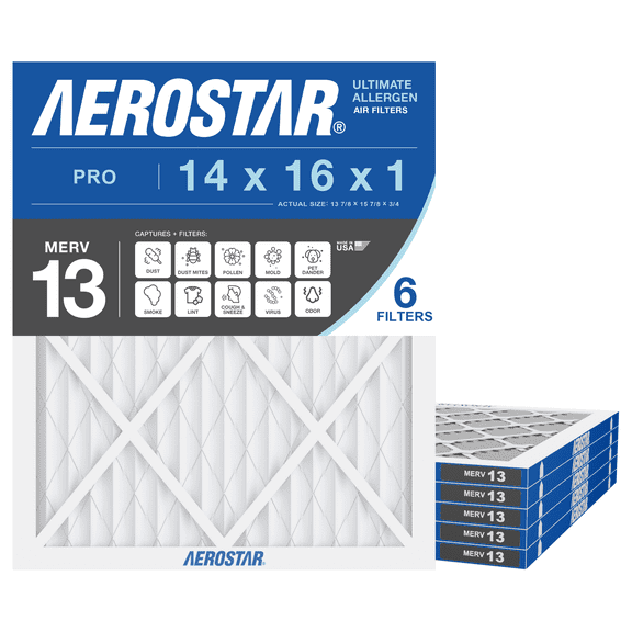 Aerostar 14x16x1 MERV 13 Air Filter, Pleated AC Furnace HVAC, Smoke Bacteria Allergy, 6 Pack