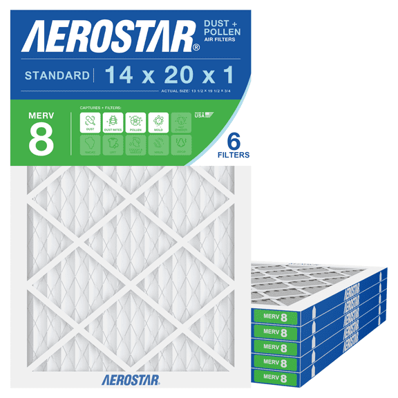 Aerostar 14x20x1 MERV 8 Air Filter, Pleated AC Furnace HVAC, Dust Pollen Pet Dander, 6 Pack