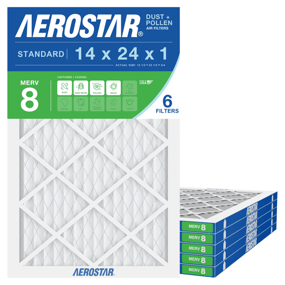 Aerostar 14x24x1 MERV 8 Air Filter, Pleated AC Furnace HVAC, Dust Pollen Pet Dander, 6 Pack