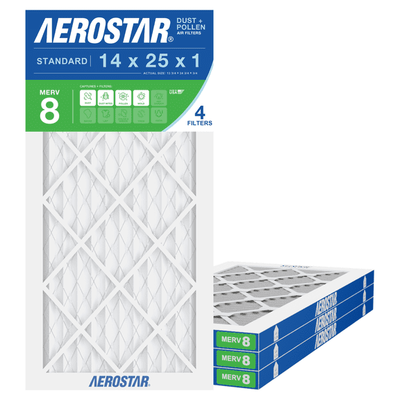 Aerostar 14x25x1 MERV 8 Air Filter, Pleated AC Furnace HVAC, Dust Pollen Pet Dander, 4 Pack