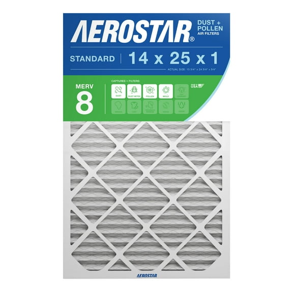 Aerostar 14x25x1 MERV 8, Pleated Air Filter, 14x25x1, Box of 2, Made in the USA