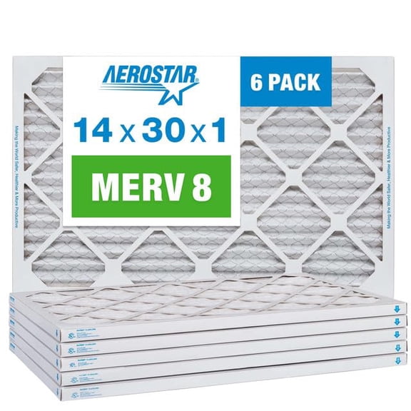 Aerostar 14x30x1 MERV 8 Air Filter, Pleated AC Furnace HVAC Filters (13.875x29.875x0.75), Electrostatically Charged for Allergies Dust Pet Dander Pollen Mold Lint, MPR 600 FPR 5, USA, 6 Pack