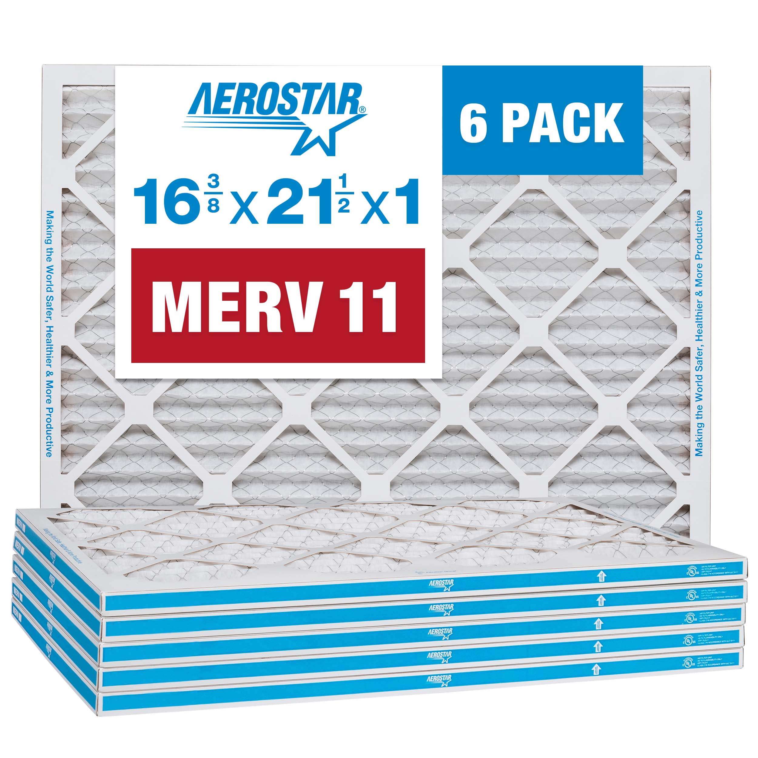 Aerostar 16 3/8 x 21 1/2 x 1 MERV 8 Pleated Air Filter, 6 Pack