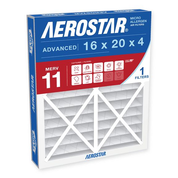 Aerostar 16x20x4 MERV 11 Air Filter, Pleated AC Furnace HVAC, Pet Dander Mold Smoke, 1 Pack
