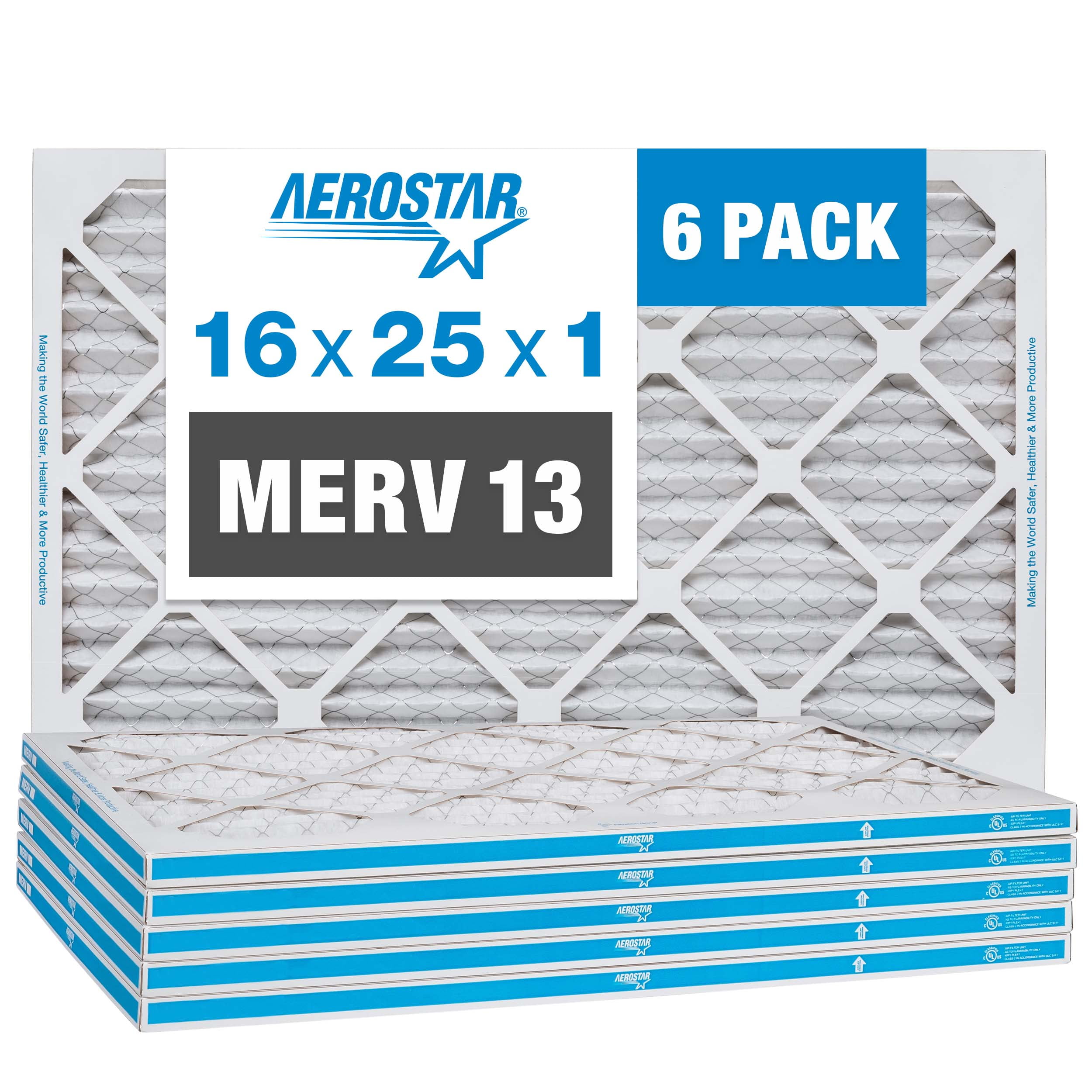 Aerostar 16x25x1 MERV 13 Pleated Furnace Air Filter 6-Pack
